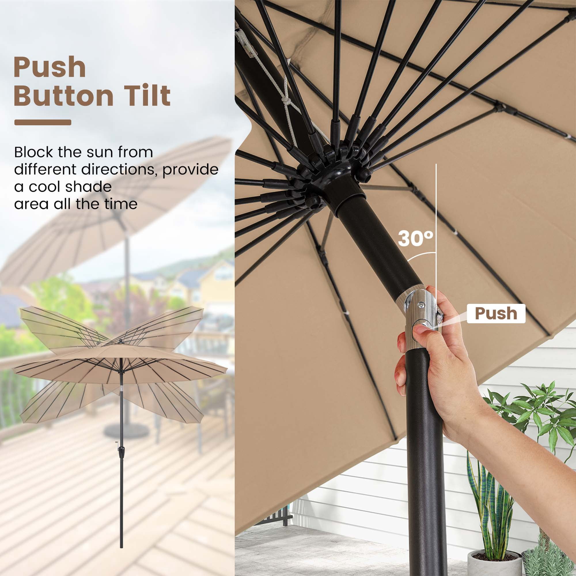 Costway 9 FT Patio Round Market Umbrella with Push Button Tilt, Crank Handle, Vented Top Tan