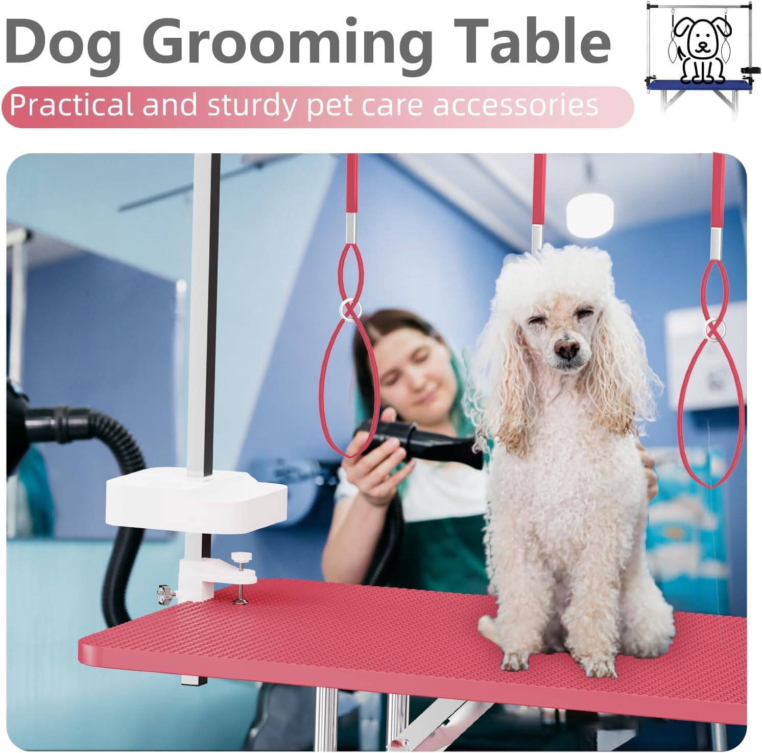 47" Pet Grooming Table Pink, Stainless Steel Foldable Grooming Table for Dogs at Home Adjustable Height Arms Pet Station with Nooses, Mesh Tray, Tool Organizer