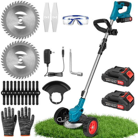 Electric Weed Wacker with Fast Charger, 3-in-1 Cordless Weed Eater, Adjustable Height Brush Cutte, Cordless Weed Wacker with 2 Batteries 1 Charger and 16 Cutting Blades for Lawn Yard Garden
