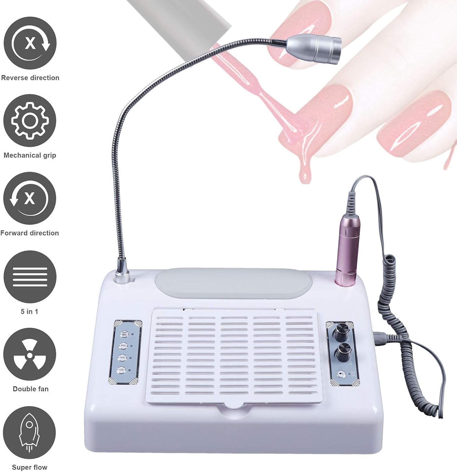 Nail Dryer Vacuum Multi-Purpose Manicure Machine, 5in1 UV Manicure Machine with 30,000rpm Electric Nail Drill, 96W UV LED Nail Lamp, 6W Table Lamp and Hand Pads for Salons and Homes