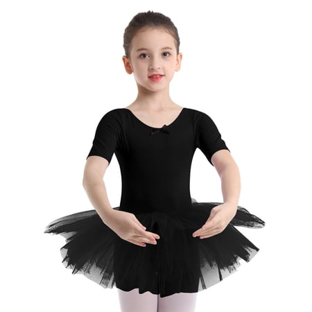JanJean Toddler Girls Short Sleeve Dance Tutu Dress Ballet Gymnastics Skirted Leotard Ballerina Black L