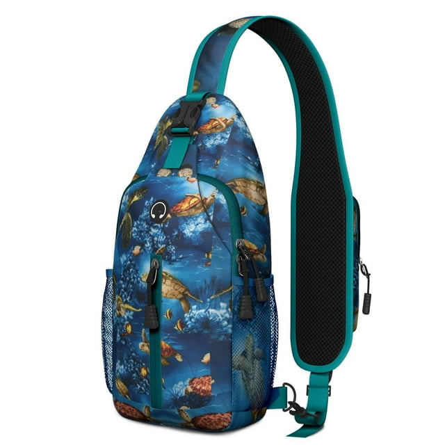 Tropical Sea Turtle Sling Backpack with Cute Hawaiian Cartoon Print, Lightweight Nautical Crossbody Daypack, Adjustable Strap, Multiple Compartments for Beach and Outdoor Use