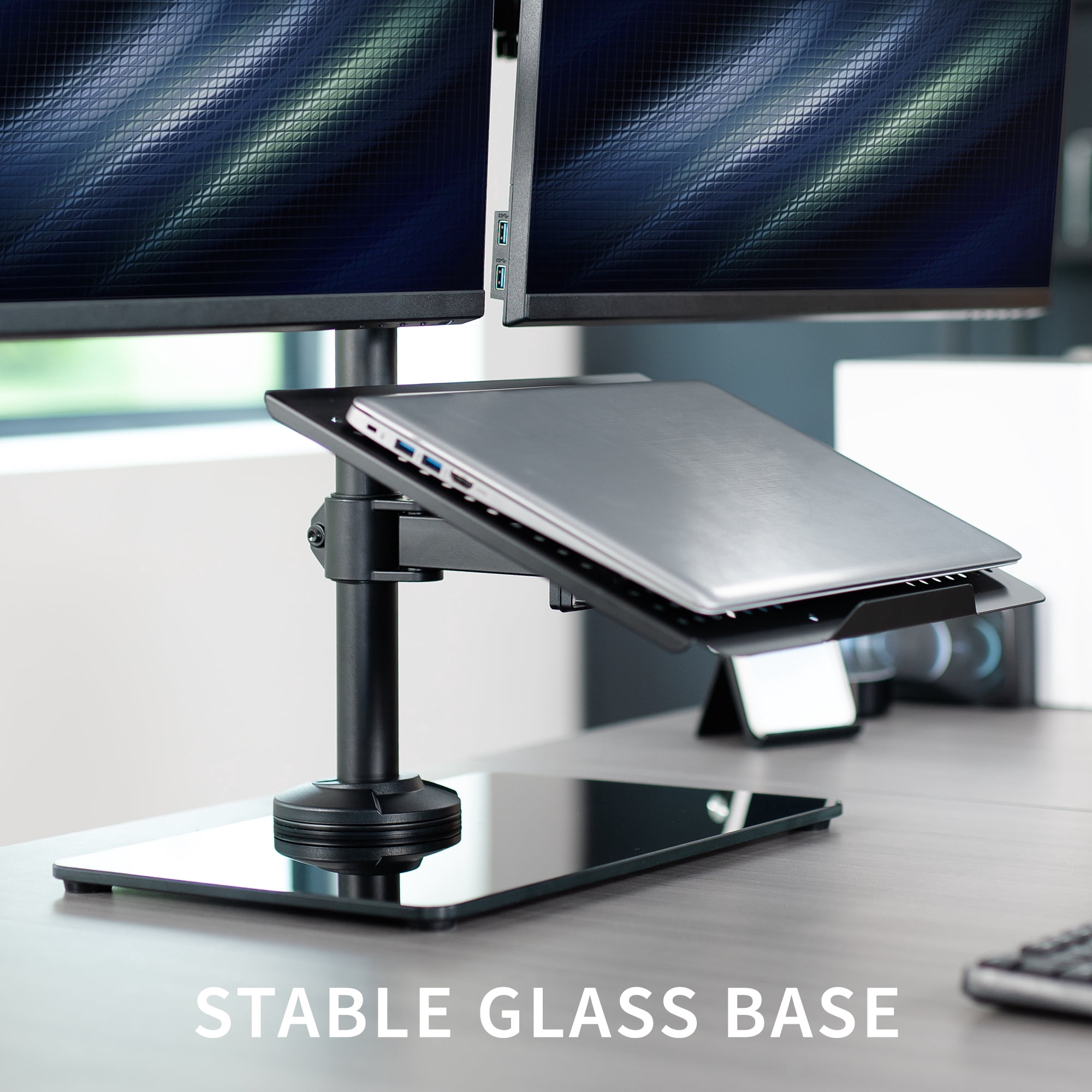 VIVO Laptop and Dual Monitor Desk Stand w/ Glass Base, Fits 32" Computer Screen