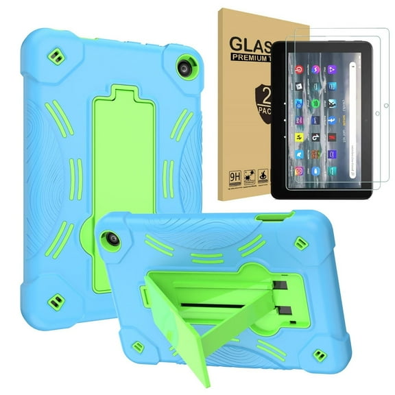 Epicgadget Fire 7 Case 2022 with 2PCS Tempered Glass Screen Protector - Three-Layer Full Body Rugged Shockproof Cover with Stand for Amazon Fire 7 Tablet (12th Generation, 2022 Released) (Blue/Green)