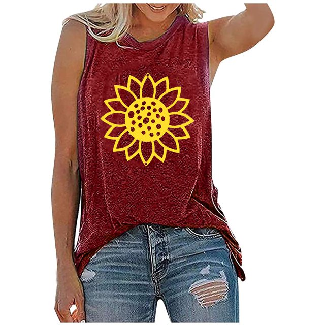 Pompotops Femmes O-Cou Imprimé Décontracté Ample Tops Pull Sans Manches T-shirt