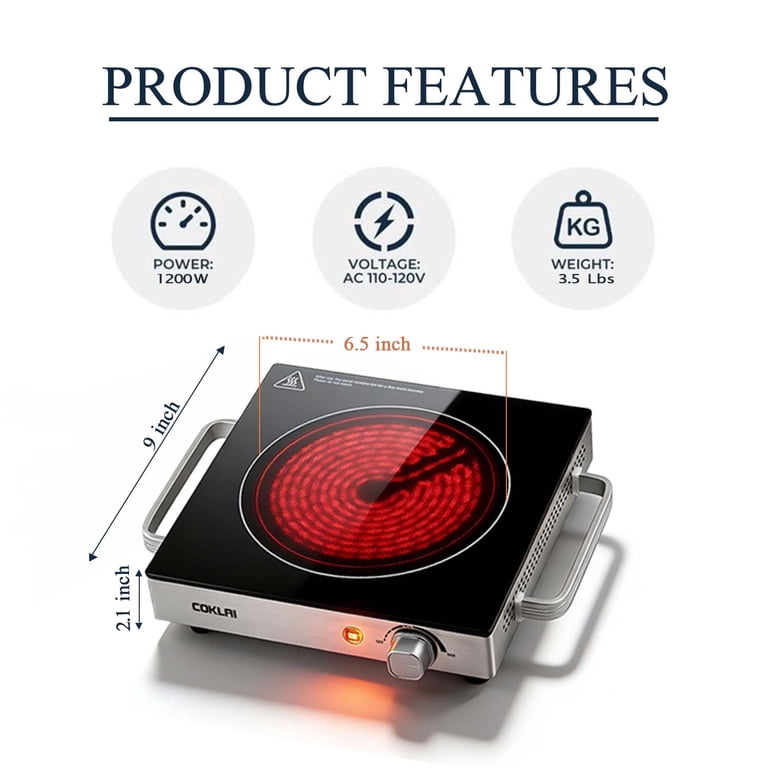 Coklai 1200W Infrared Glass Electric Hot Plate, Black photo 2