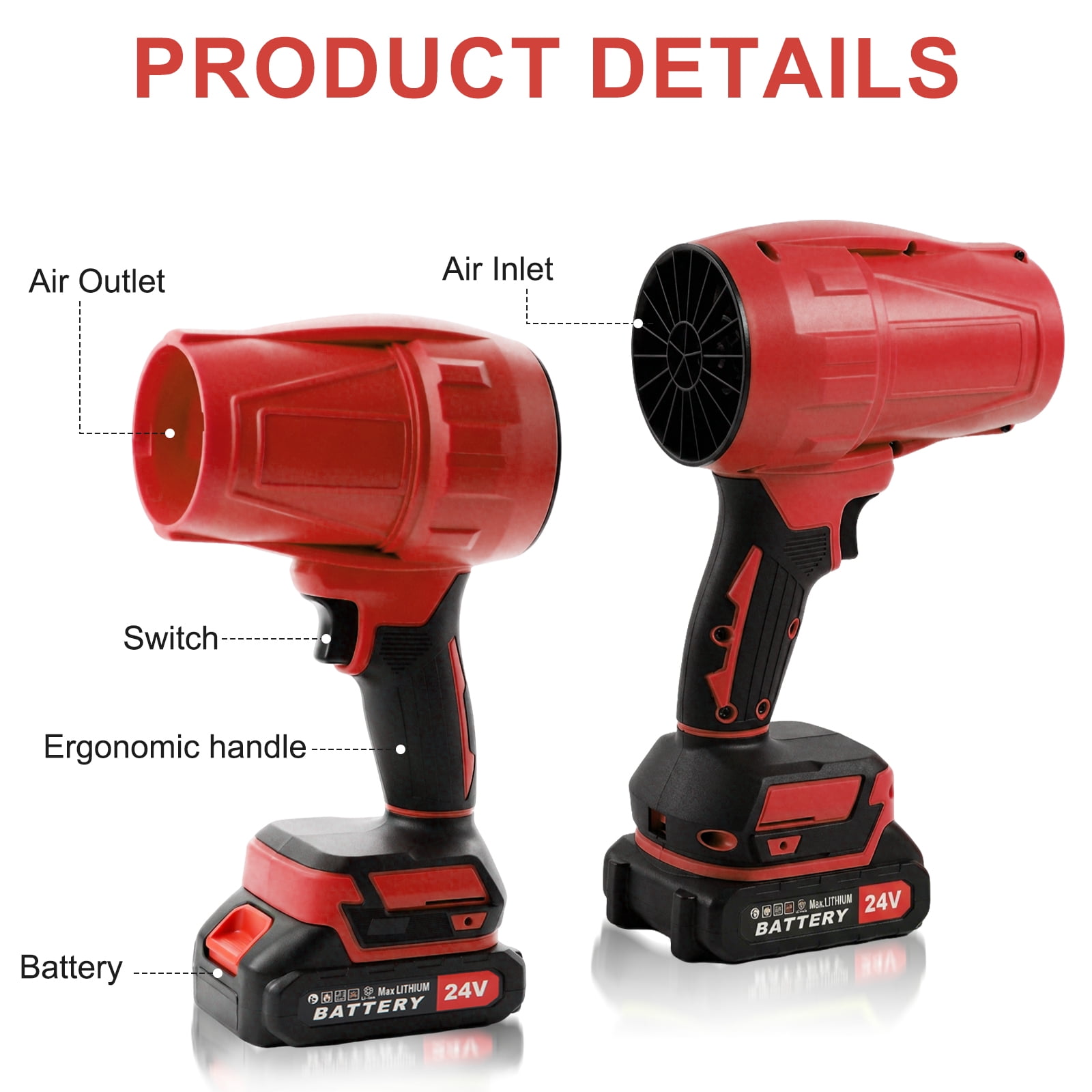 KingFurt Cordless Leaf Blower, High-Speed Dust Blower,24V Turbine blower with Extended Nozzle, for Patio Cleaning Lawn Care Blowing Leaves and Dust-Red
