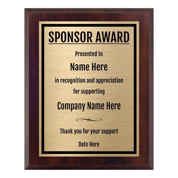 Sponsor Award Plaque 8x10 Personalized Thank You Gift for Event Sponsorship or Corporate Recognition - AA Sponsor Gift - Customize Now!
