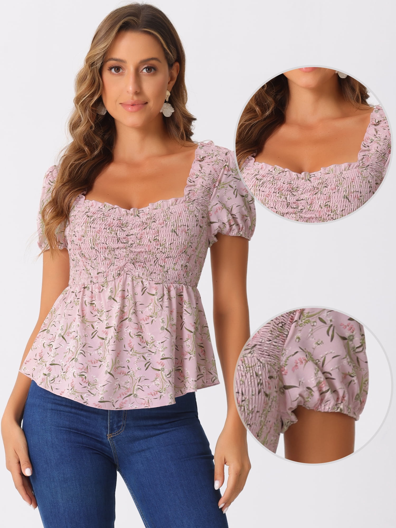 DARING DIVA Women's Puff Sleeve Floral Sweetheart Neck Ruffle Peplum Top XS Pink