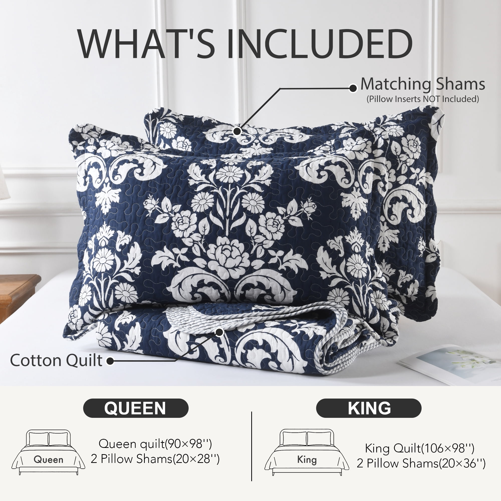 Quilt Set Queen Size 3 Pieces, 100% Cotton Navy Blue Lightweight Quilted Bedspread, Reversible Damask Floral Bedding Set for All Season