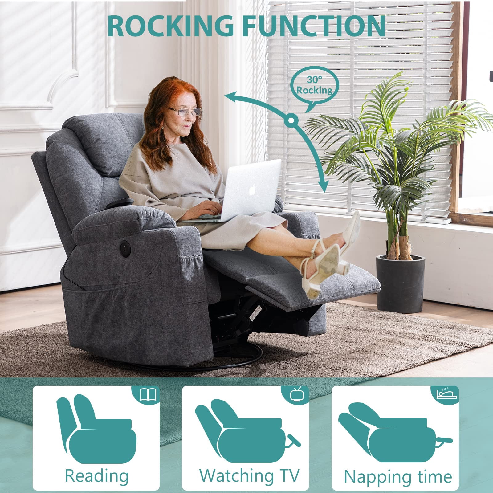 MEETWARM Massage Recliner with Heat, Swivel, Rocker, USB Ports & Cup Holders, Gray