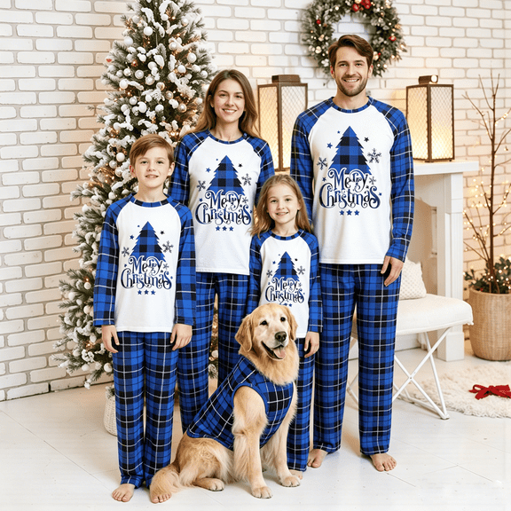 AIGUR Family Matching Christmas Pajama Set with Dog Matching Outfit, Buffalo Plaid Christmas Tree Print Raglan Long Sleeve Top Plaid Pants Holiday Matching PJs Sleepwear for Whole Family
