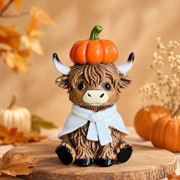 Highland Cow Decor with Pumpkin and Scarf, Cute Fall Decor for Home, Halloween Pumpkin Decorations Table Centerpiece for Farmhouse Rustic Christmas Gift