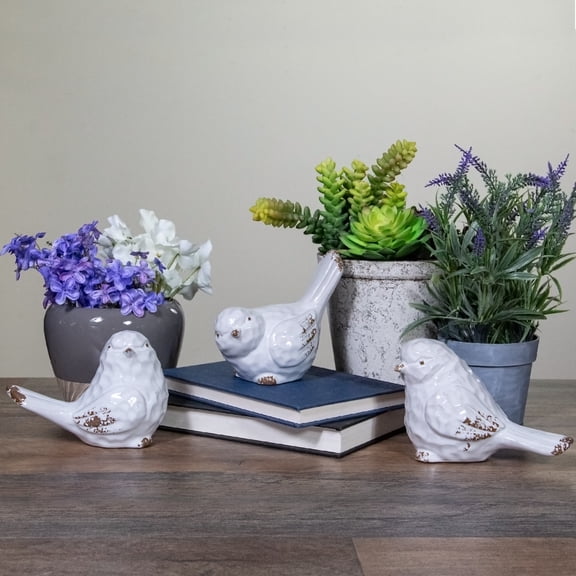 Set of 3 Shiny White Rustic Textured Tabletop Bird Figurines 5.75"