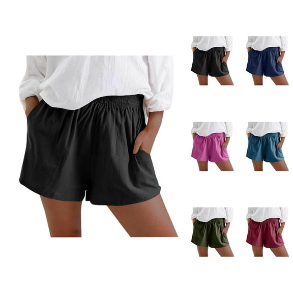 Cotton Linen Shorts for Women Summer Casual Elastic High Waist Wide Leg Loose Fit Lightweight Beach Shorts with Pockets