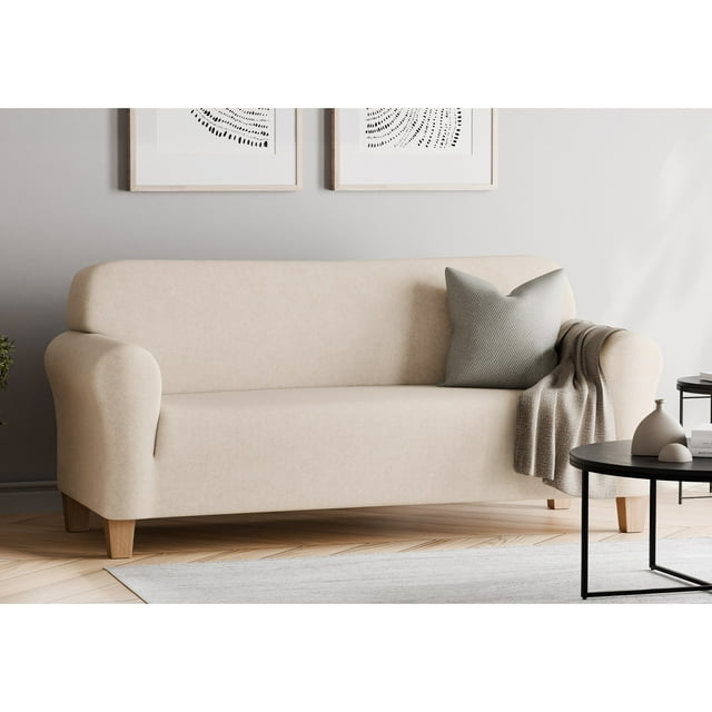 Smart Fit Herringbone Stretch-to-Fit Fabric Sofa Slipcover, Machine Washable, 1-Piece, Tan/Linen