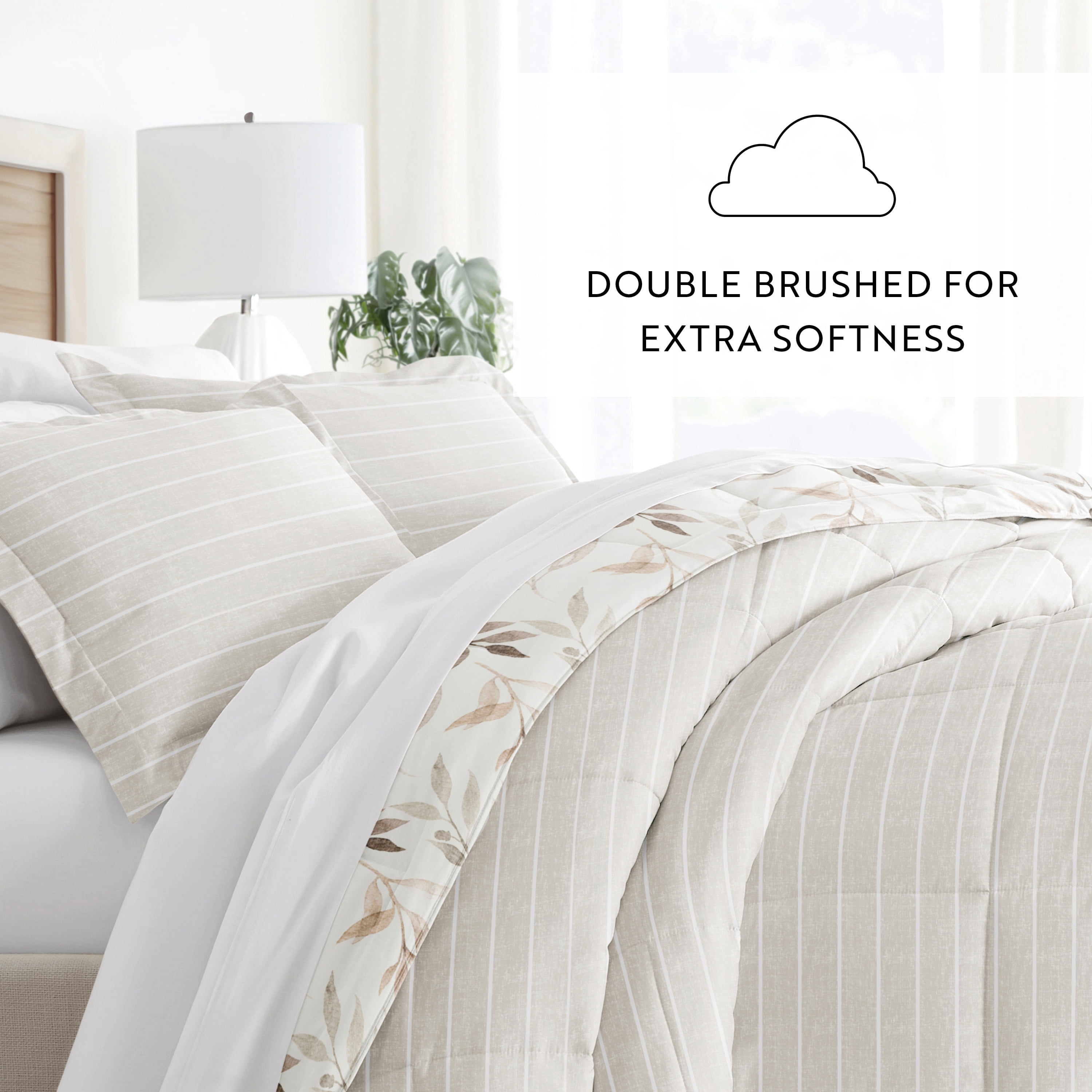 Noble Linens Down Alternative Foliage Stripe Ivory Reversible Comforter Set