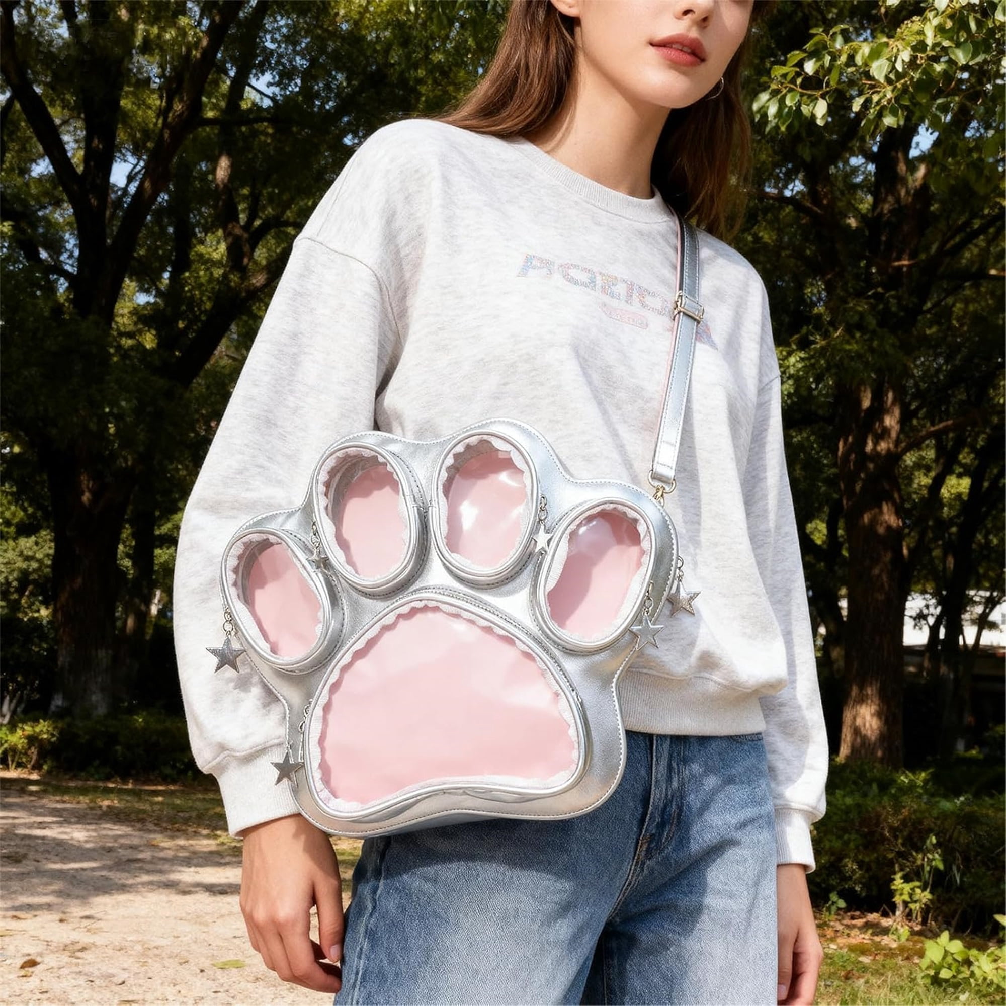 SQDWYGUO Cat Paw Ita Bag Kawaii Cute Backpack Ita Display Backpack with Clear Pocket Pretty Aesthetic Crossbody Shoulder Bag,Silver pink
