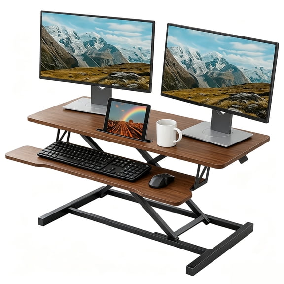 Standing Desk Converter, 32 Inch Standing Desk Adjustable Height for Table Tops and Home Office, Desk Riser Computer Workstation with Wide Keyboard Tray 2-Tier Desktop, Walnut Color