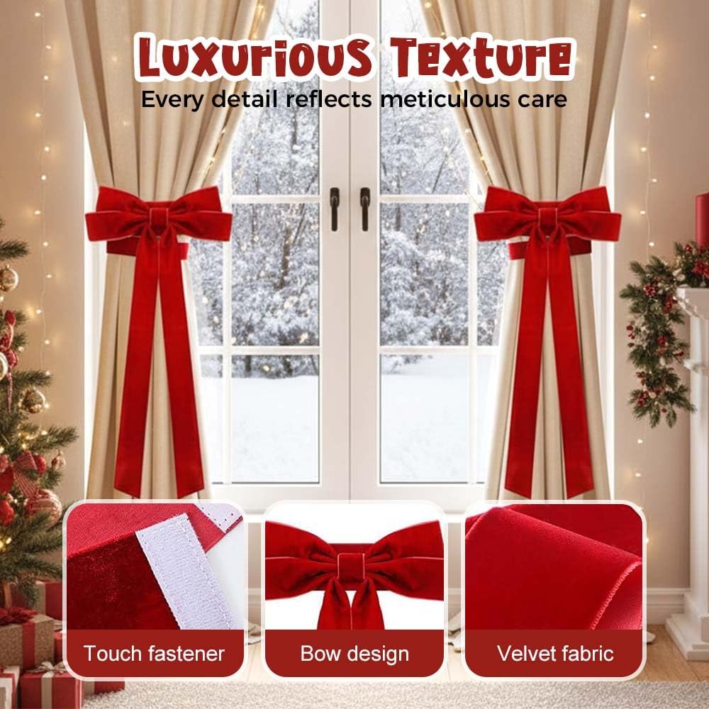 Christmas Curtain Tieback with Red Velvet Bow - Decorative Holiday Holders 19.7x15.7 Inch for Festive Home Decor, Perfect for Christmas Living Room, Window, Mantel