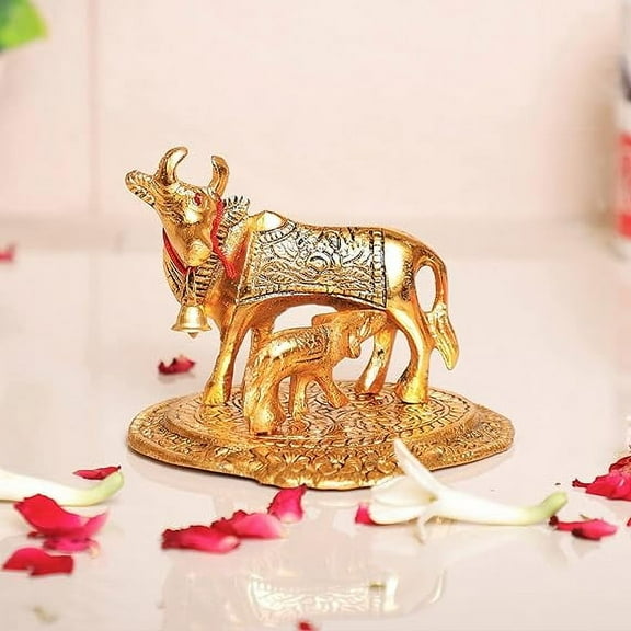 Gold Color Kamdhenu Cow with Calf Standing Metal Statue,Gau MATA Murti Lucky for Home,Office,Animal Showpiece & Decorative Gift Idol