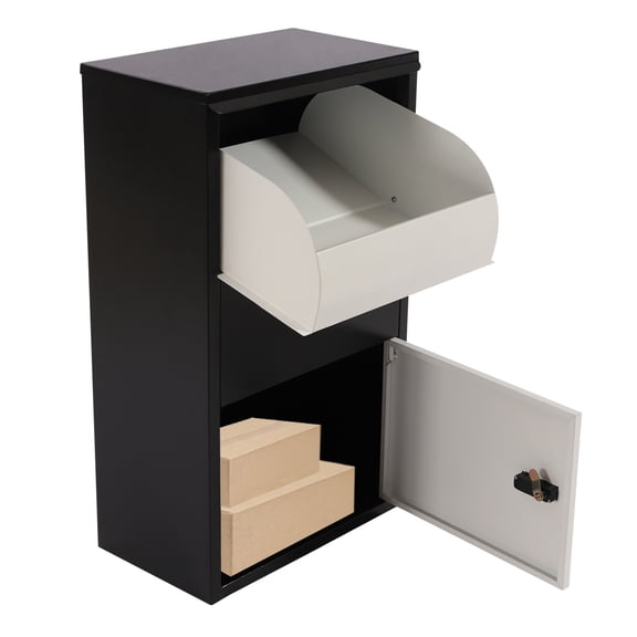 Drop Box, Package Drop Box, Mailbox, 25in Tall Parcel Delivery Box, Solid 0.8mm Galvanized Steel, White & Black, Weatherproof, Secure Lock, Large Capacity, Anti-Rust, Durable