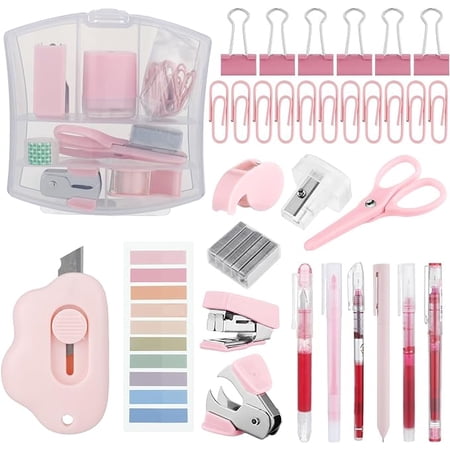 Mini Office Supply Kit Includes Stapler Tape Dispenser Staple Remover Paper Clips Scissor Staples Pen Sharpener Note Small Telescopic Knife for Office and School Clerk Student (Pink)