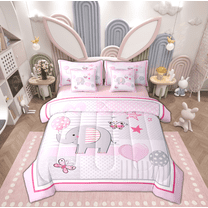 Manfei Kawaii Cartoon Elephant Bedding Comforter Set 7-Piece for Kids, Cute Buttterfly Animal King Bedding Sets, Love Heart Reversible Bed Sheets, Breathable Home Decor