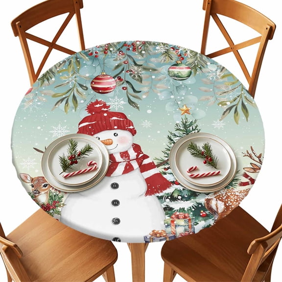 Christmas Round Tablecloth Snowman Poinsettia Tablecloths Elastic Edge Fitted Holly Berry Reindeer Xmas Tree Balls Green Table Cover,Waterproof for Dinner,Outdoor, Party 55"- 60"  DIA Tables