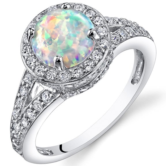 PEORA Created White Fire Opal Ring for Women 925 Sterling Silver, Vintage Halo Design, 1.25 Carats Round Shape 7mm Size 9, Opal Rings for Women, October Birthstone Opal Jewelry, Iridescent Ring