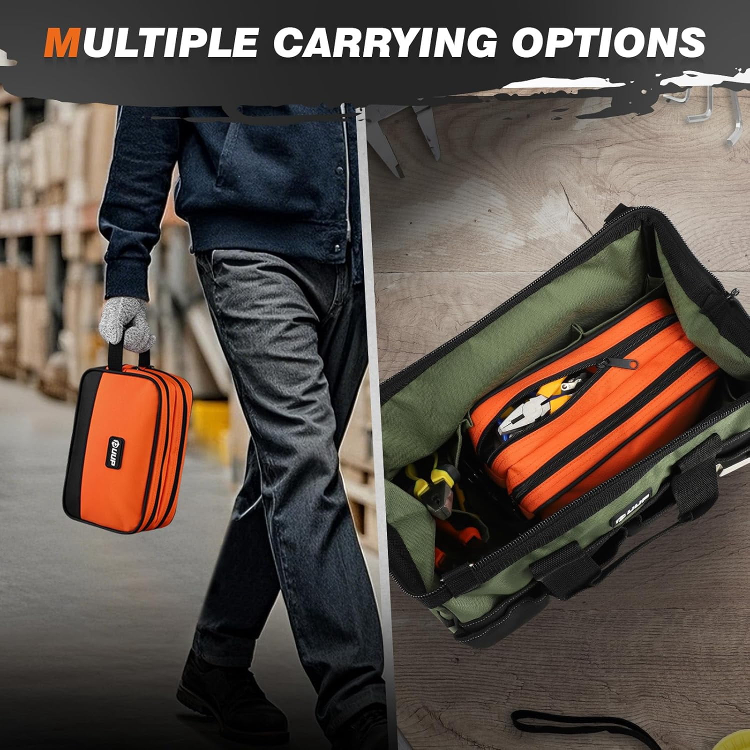 General 10 Inch Small Tool Bag, Zipper Tool Pouch Two Compartments Heavy Duty, Utility ToolBag with Carrying Handle, Tools Storage Organizer for Electrician Mechanic, Gift for Men Dad,Orange