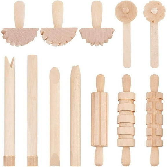12pcs Clay and Dough Tools Play Accessories Includes Rollers Hammer Party Pack Wood Pottery Tools Stamps for DIY