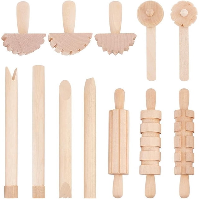 12 piezas de herramientas para arcilla y masa, accesorios de juego, incluye rodillos, martillo, herramientas de cerámica de madera y sellos.