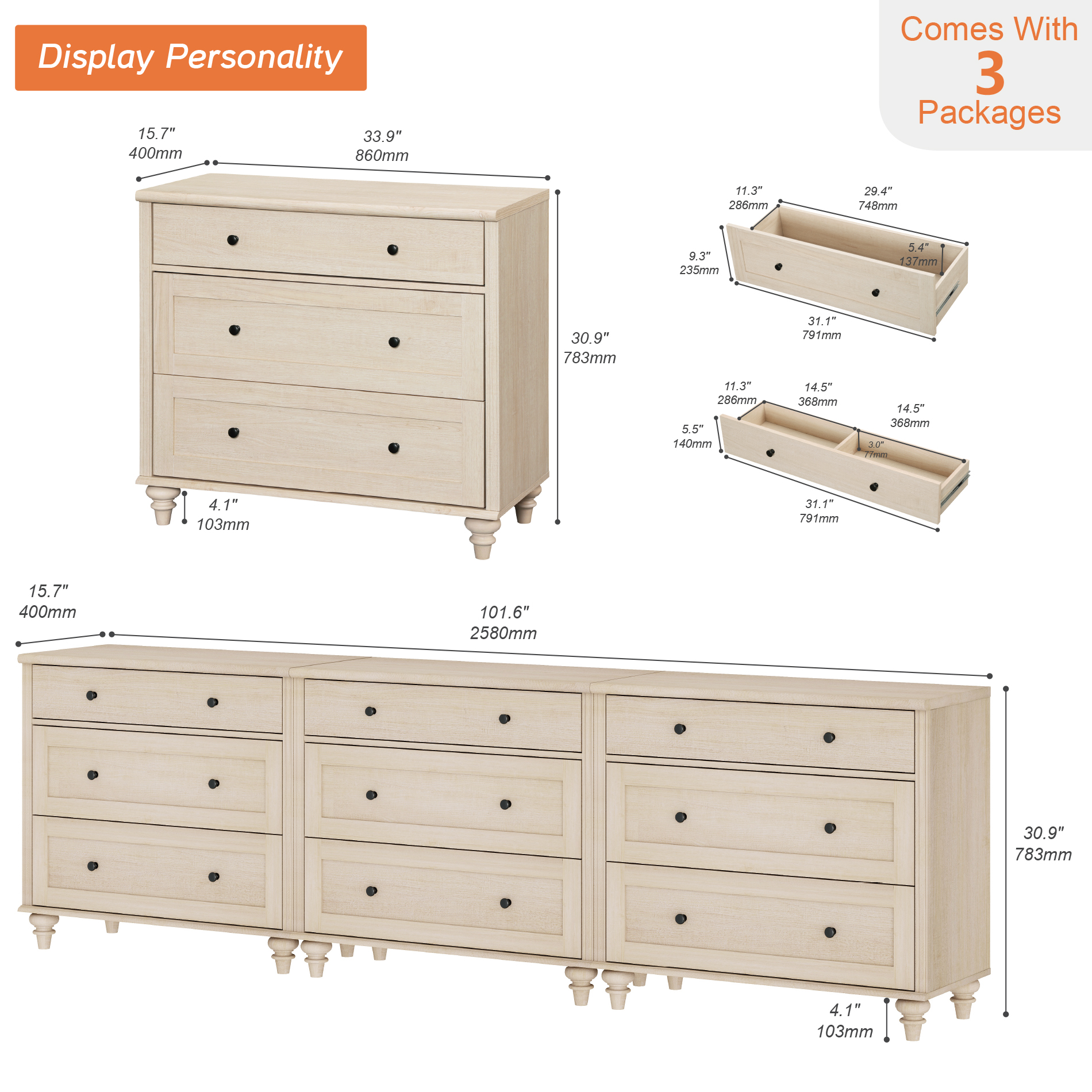 Mid Century Modern Wooden Dresser Set, Light Beige for Livingroom