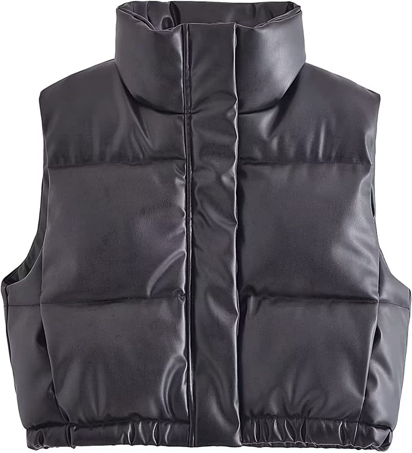 PIKADINGNIS Womens Faux Leather Puffer Vest Cropped Zip Up Sleeveless