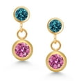 thumbnail image 2 of Gem Stone King 14k Yellow Gold Pink Moissanite and London Blue Topaz Two Stone Dangle Earrings for Women (0.72 Cttw, Gemstone, Round 4MM, Round 3MM), 2 of 4
