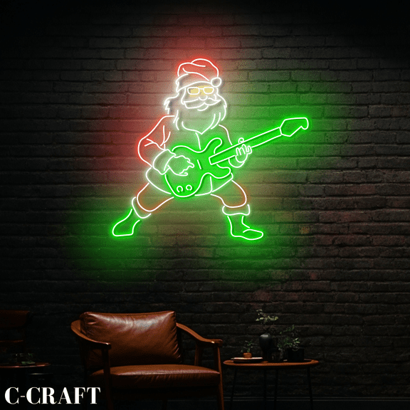 C-CRAFT Santa Guitar Christmas Neon Sign Wall Decor LED Light Decorations Indoor_Outdoor Use