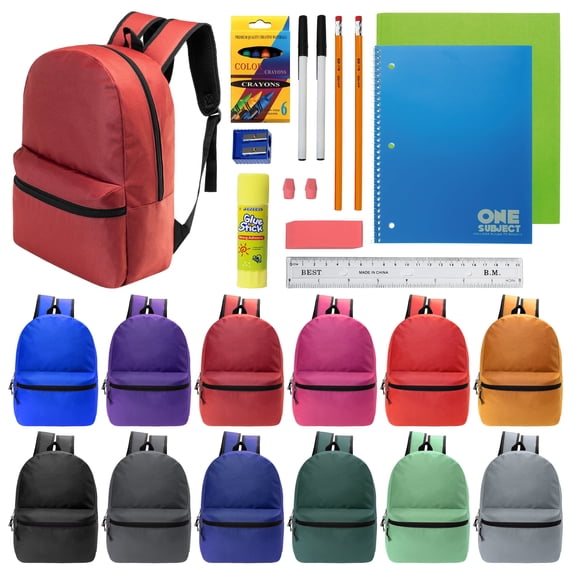 Moda West 17 Inch Bulk Backpacks with 18 Piece School Supplies Kits - Pens, Pencils, Crayons - Case of 12 Wholesale Backpacks in 12 Assorted Colors