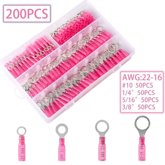 200Pcs Ring Eyelet Heat Shrink Wire 22-16AWG GA Gauge Connectors Terminals Kit