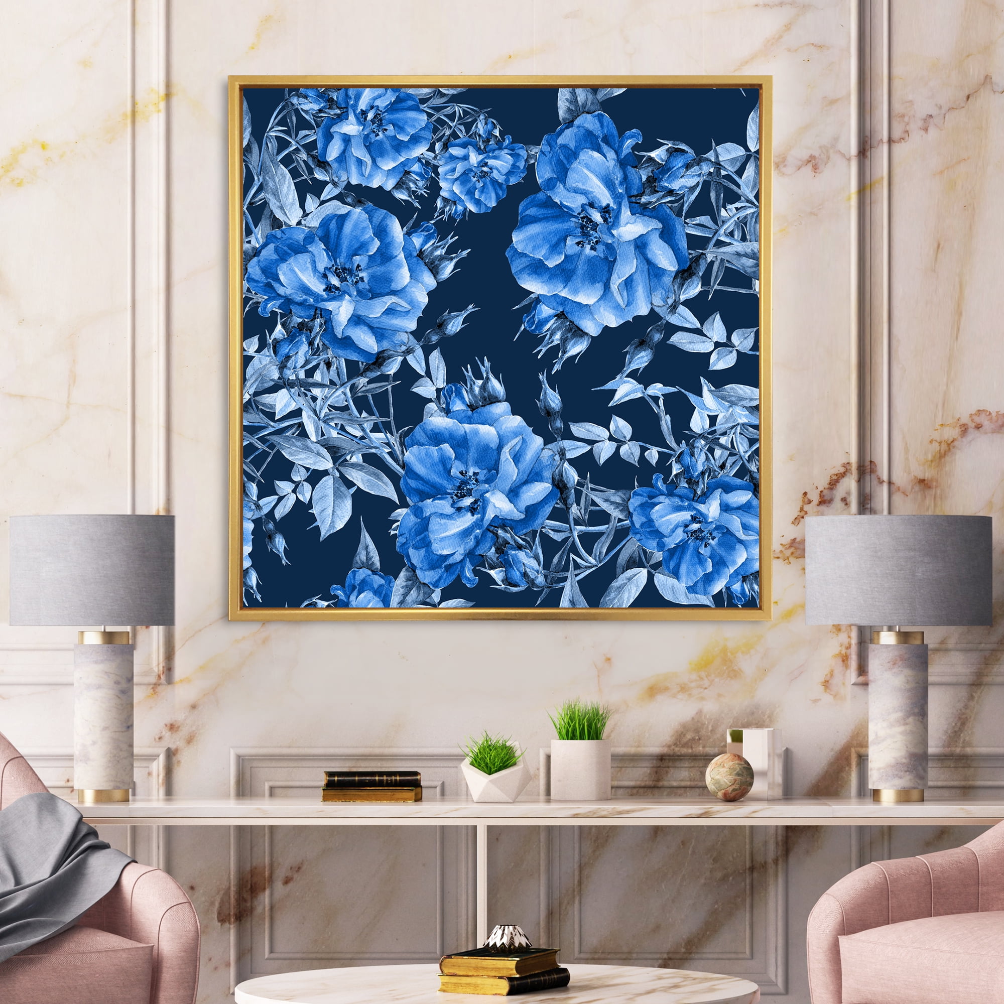 Abstract Blue Wildflowers 16 in x 16 in Framed Painting Canvas Art Print, by Designart