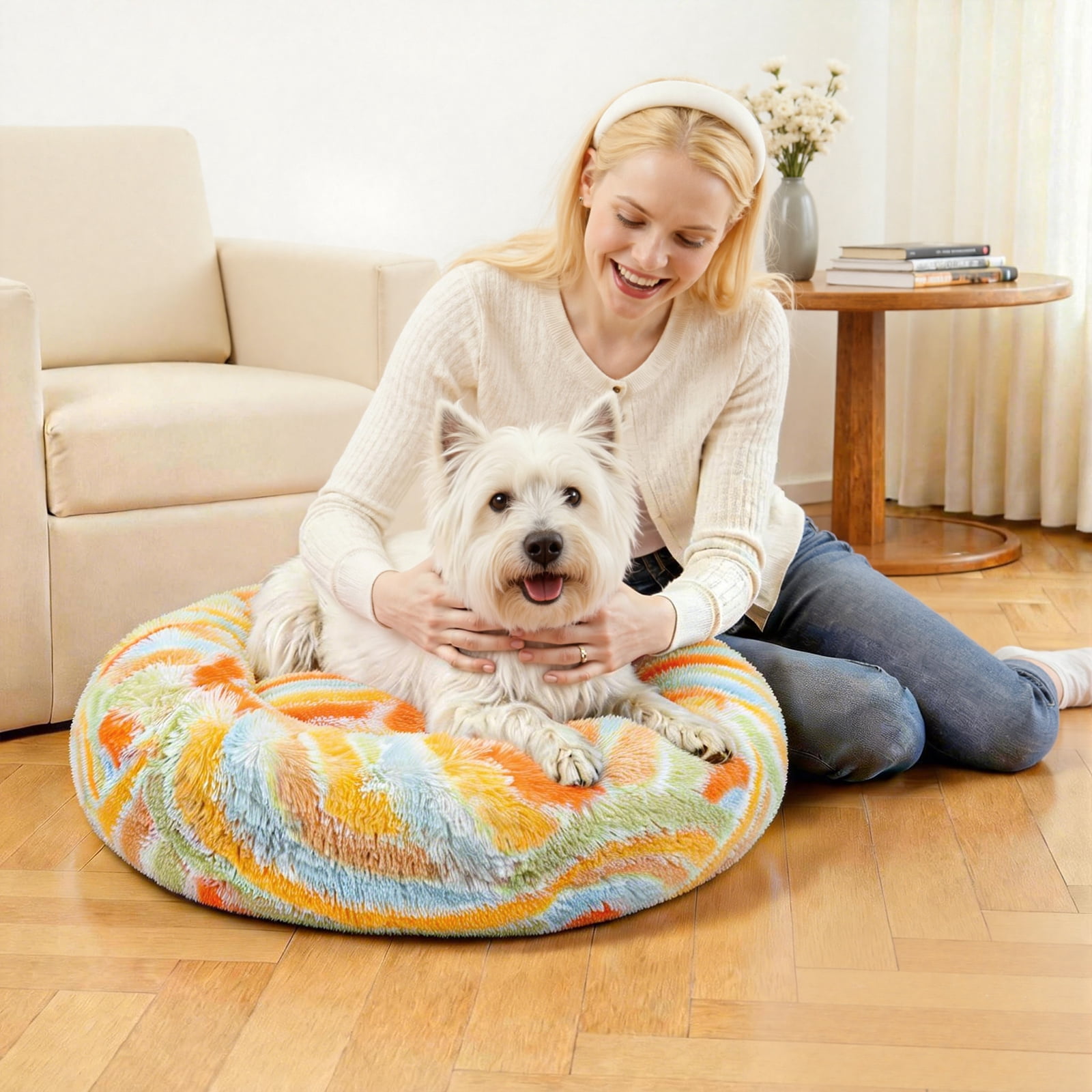 Vaukki 23"Dog Bed with Non Slip Bottom,Soft Warm Faux Fur Pet Bed,Comfortable Donut Round Plush Dog and Cats Beds,Orange