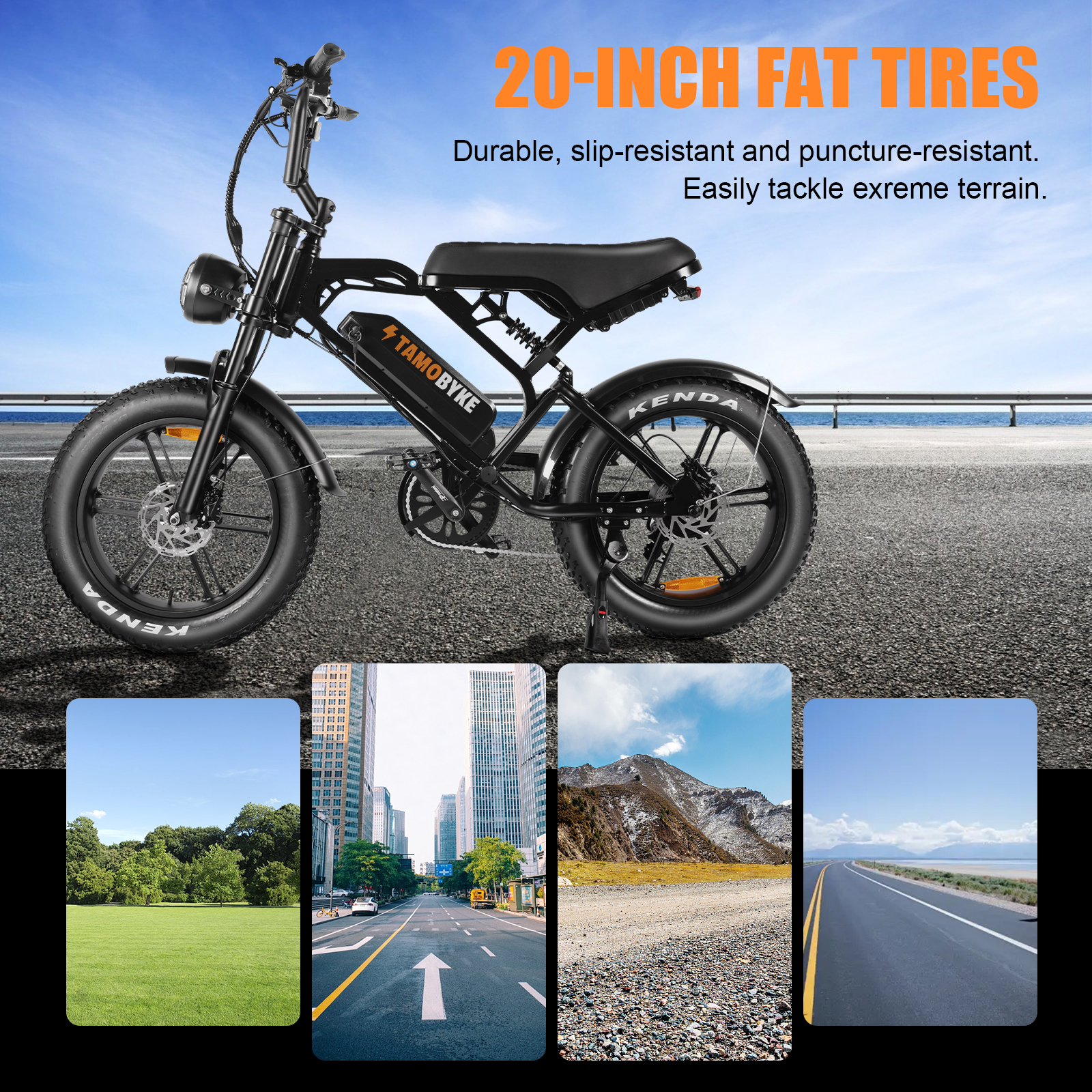 Tamobyke 750W Electric Bike for Adult, 28mph 48V/15Ah Removable Li-Ion Battery, 20" x4.0 Fat Tire Motorcycle Style E-bike for Commute/Work/Tough/Snow Road UL2849