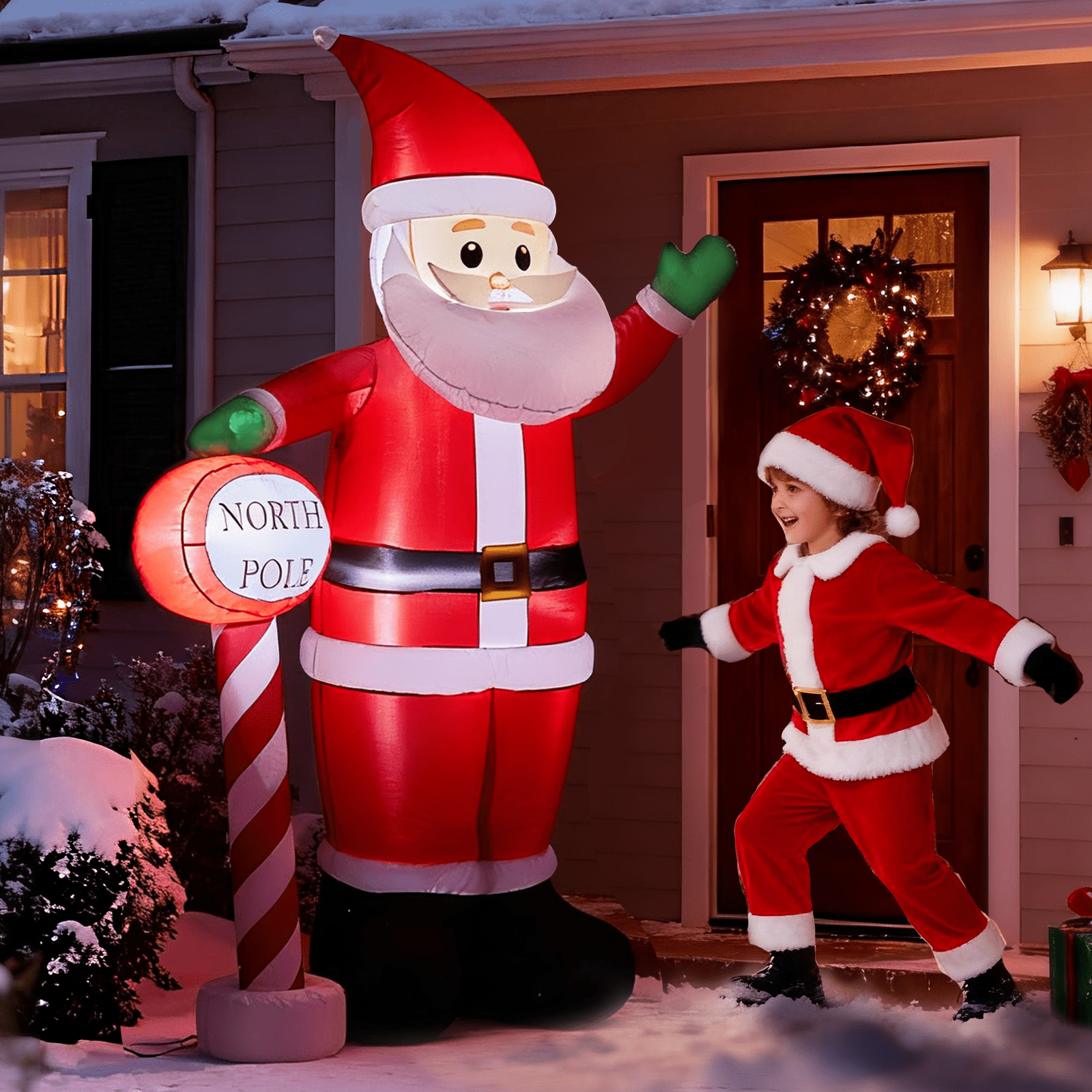 Astoutdoor Lighted Christmas Inflatable Decoration, Inflatable Santa with North Pole Road Sign, Blow Up Yard Decoration with Built-in LED Lights, 57.1 x 35.4 x 96.5 in