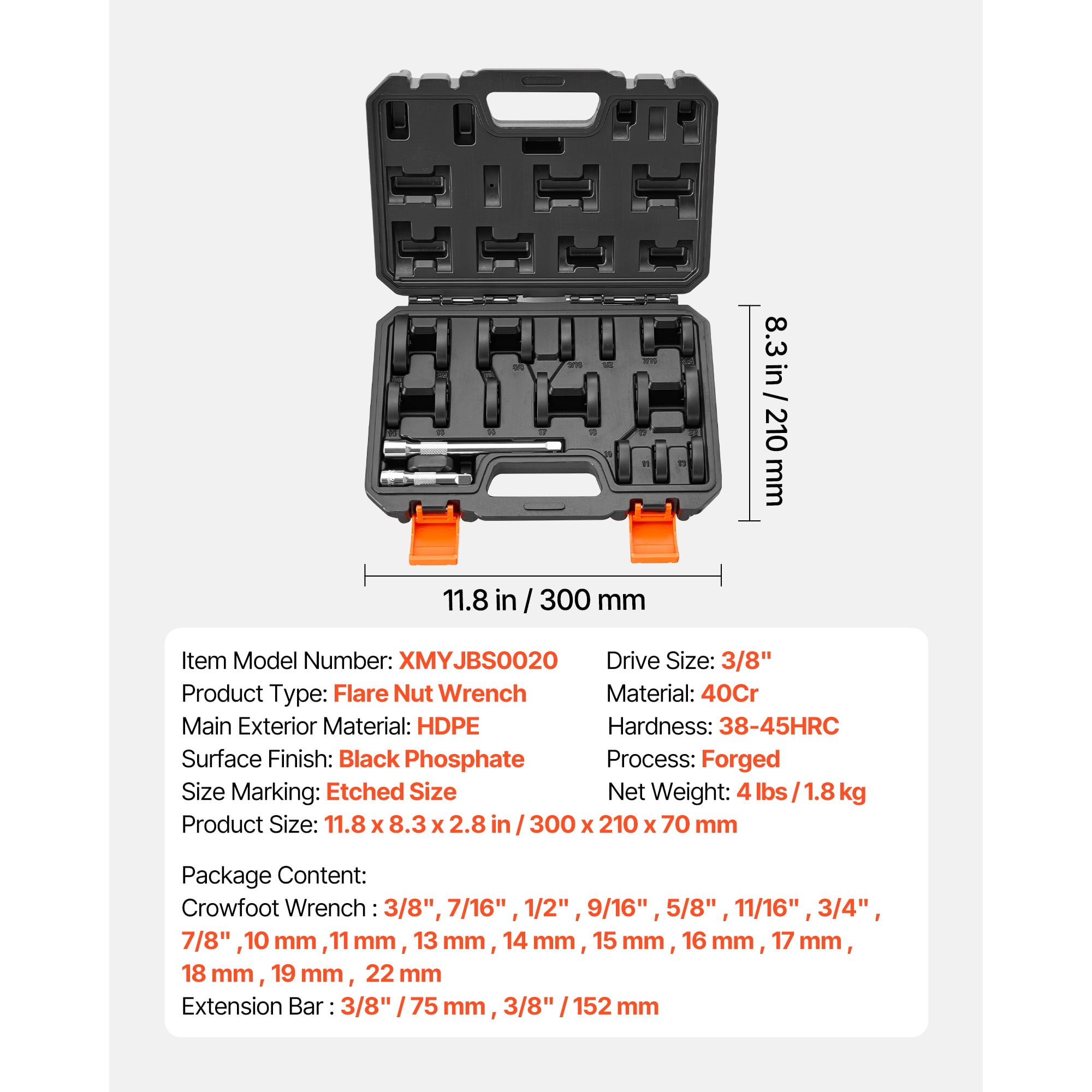 KFFKFF 20-Piece Crowfoot Wrench Set, 3/8" Drive, Metric and SAE Sizes, Flare Nut Design with Storage Case, Dual Markings on Tools and Case, Ideal for Automotive Repairs