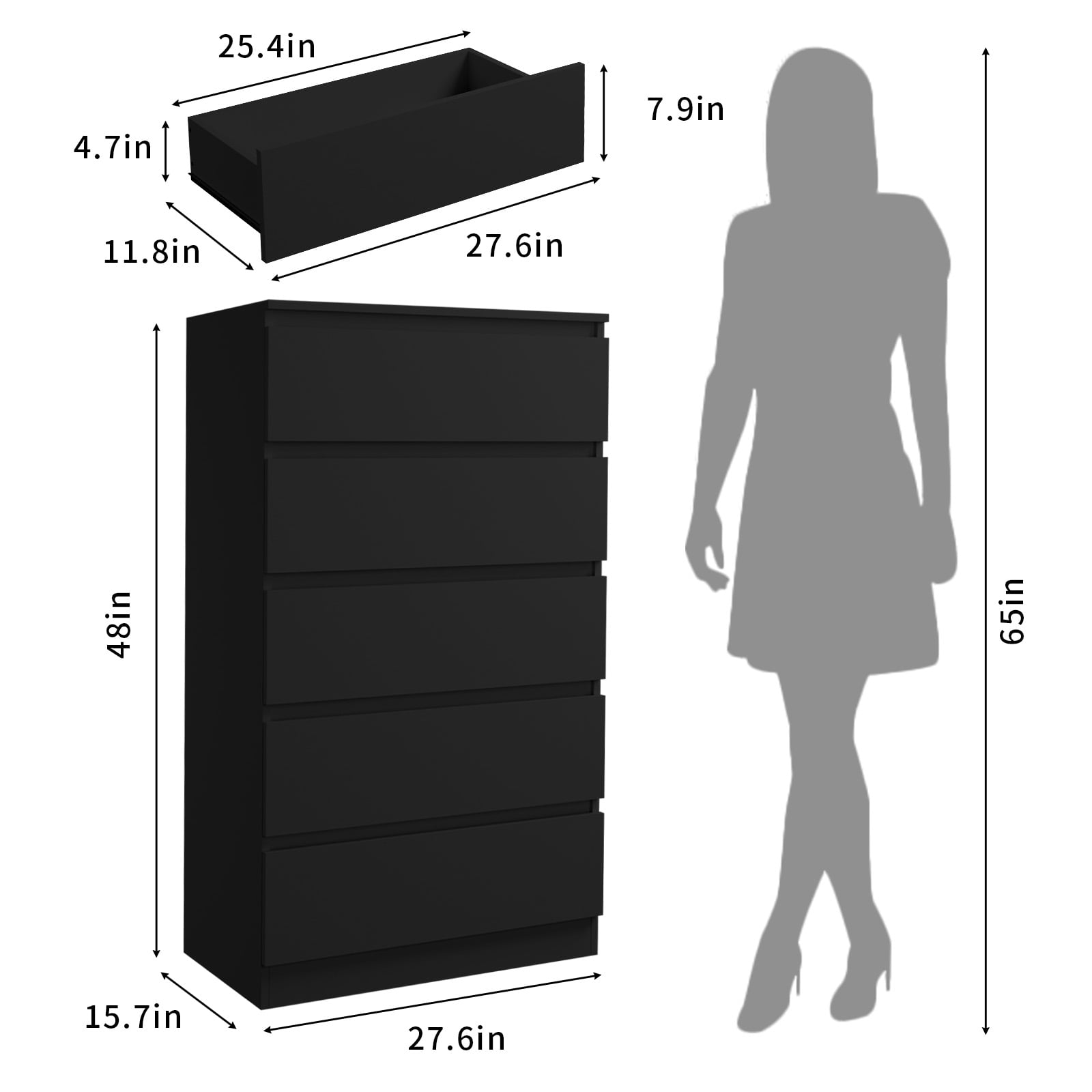 Hommpa Dresser for Bedroom, 48"H Black Dresser for Closet, 5 Drawers Tall Wooden Modern Storage Chests of Drawers for Women, Living Room Furniture 27.5"L X 15.7"W X 48"H
