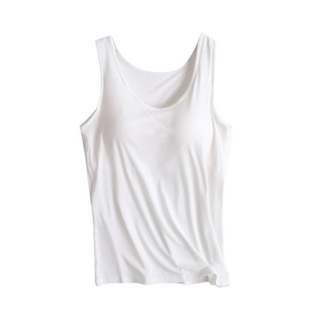 AKOEE Modal Cotton Tank Tops for Women with Shelf Bra Sleeveless Wide Strap Layer Padded Camisole Yoga Top S-4XL (Medium  White)
