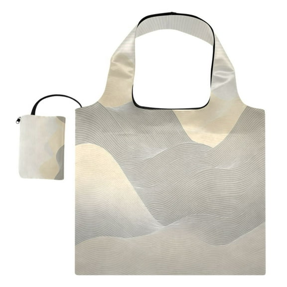 Foldable Reusable Tote Shoulder Bag - 18.1"x16.1" Grocery Bags Built-In Pouch & Card Slot for Travel, Shopping, Gifts Light Gray Mountains