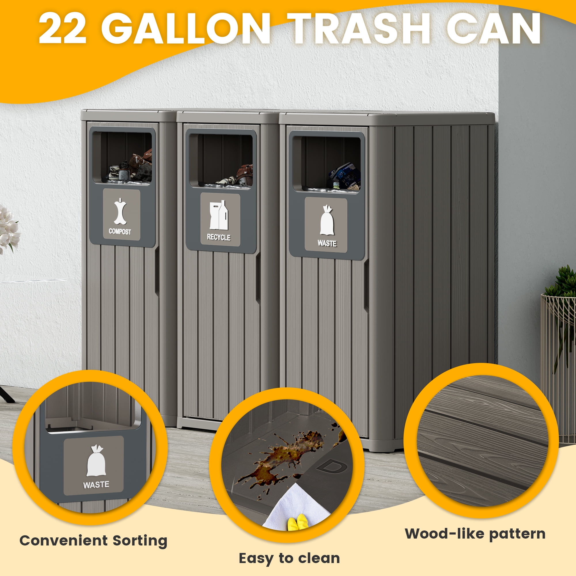 Bifanuo 42 Gallon Triple Bin Trash Can - 3-Pack Waste, Recycling & Compost Bins, Heavy-Duty Waterproof Outdoor Garbage Can for Patio, Kitchen & Commercial Use