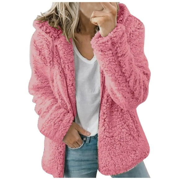 Sherpa Winter Coats for Women 2097 Trendy Solid Color Zipper Fuzzy Jacket Coat with Hood Fleece Outerwear Jackets