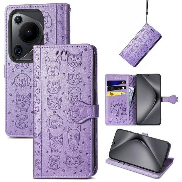 Funda Cartera FOXDOCK para Huawei Pura 70 Ultra , Flip PU con Relieve de Gatos y Perros, Tarjetero y Soporte